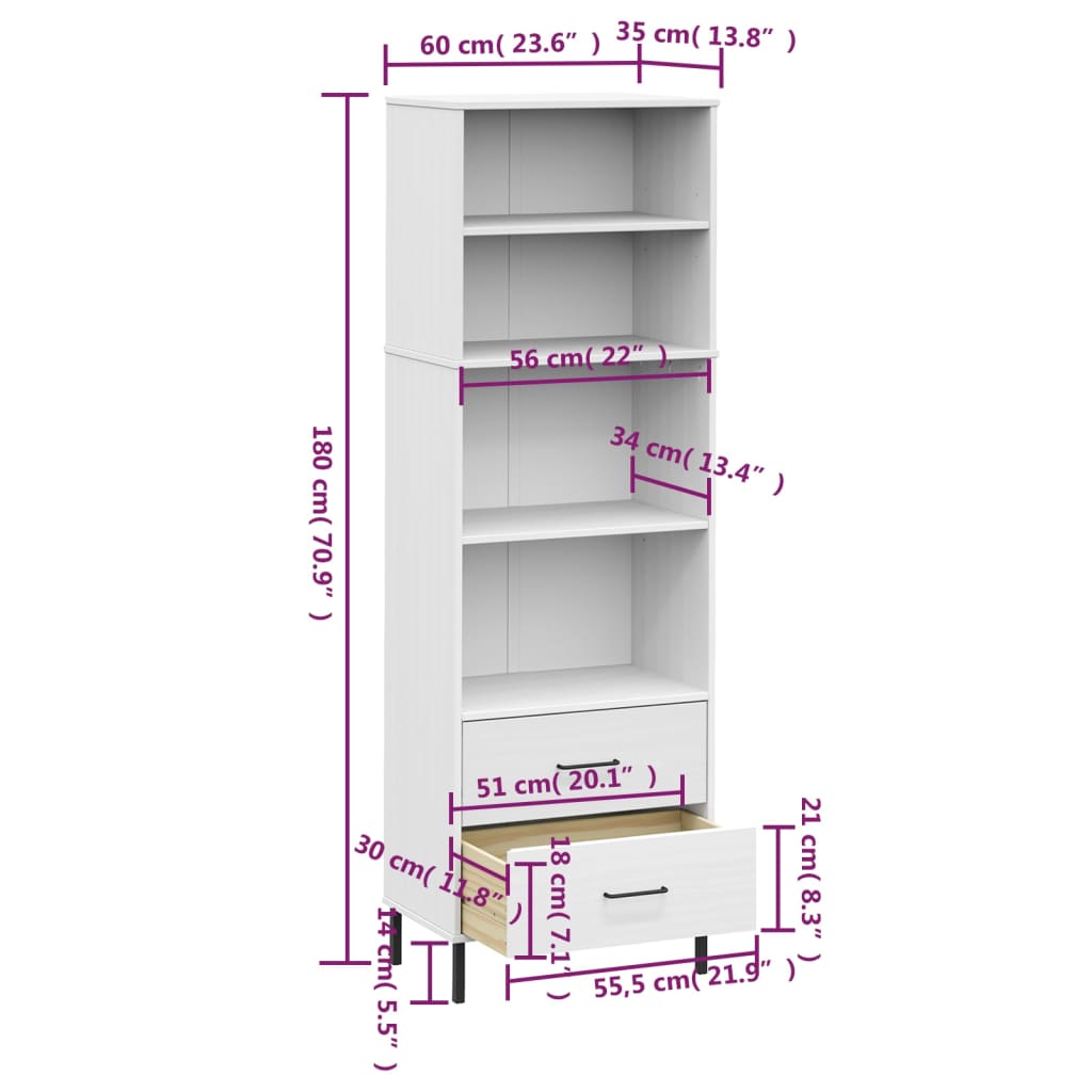 vidaXL Librería con 2 cajones OSLO madera maciza blanco 60x35x180 cm