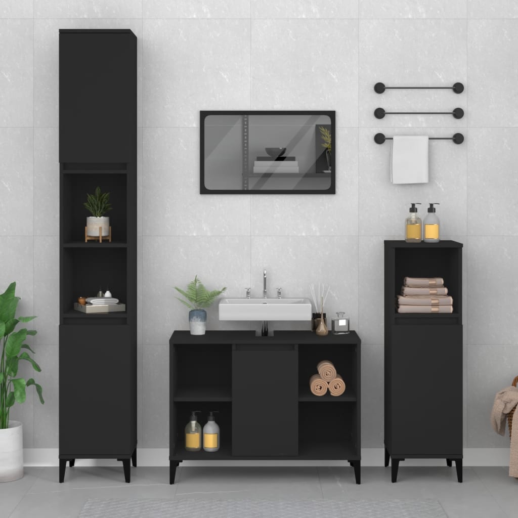vidaXL Juego de muebles de baño 3 pzas madera contrachapada negro