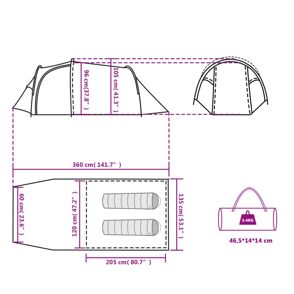vidaXL Tienda de camping con túnel 2 personas impermeable blanco