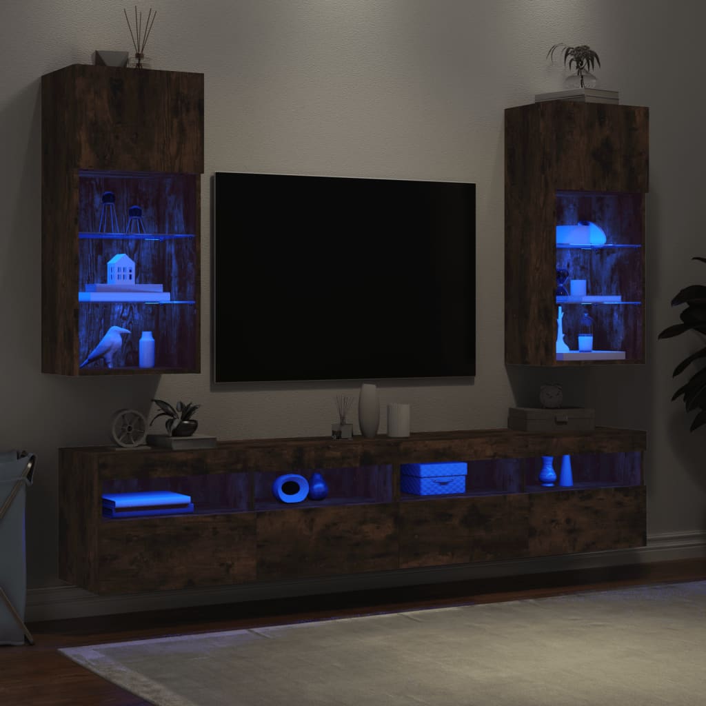 vidaXL Muebles de TV con luces LED 2 uds roble ahumado 40,5x30x90 cm