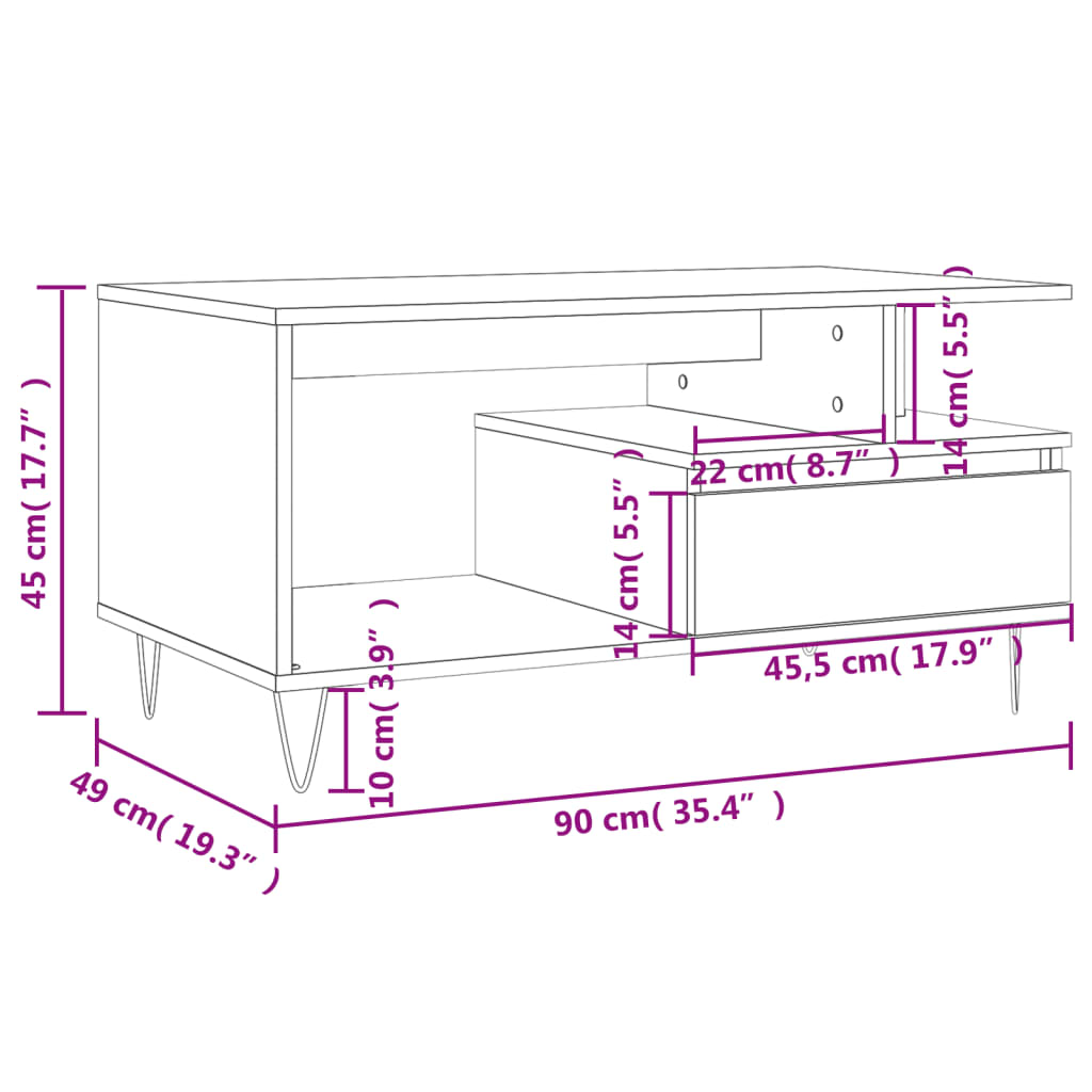 vidaXL Mesa de centro madera contrachapada gris hormigón 90x49x45 cm