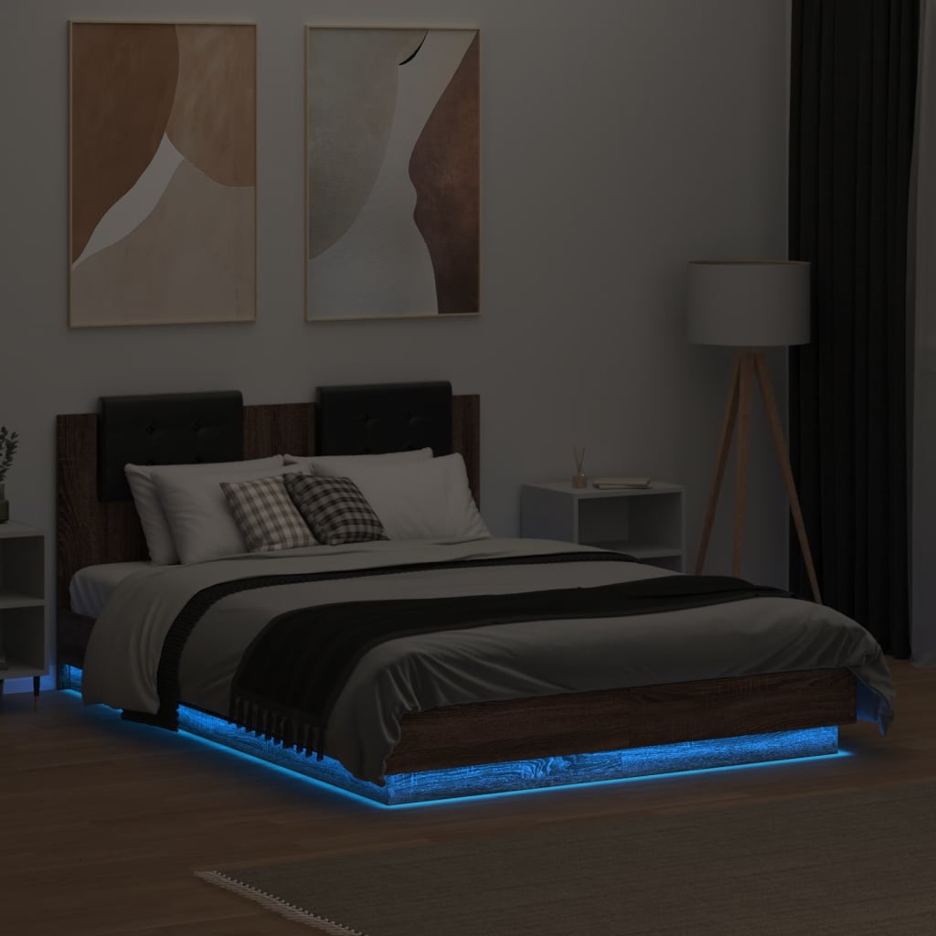 vidaXL Estructura cama con cabecero luces LED roble Sonoma 135x190 cm