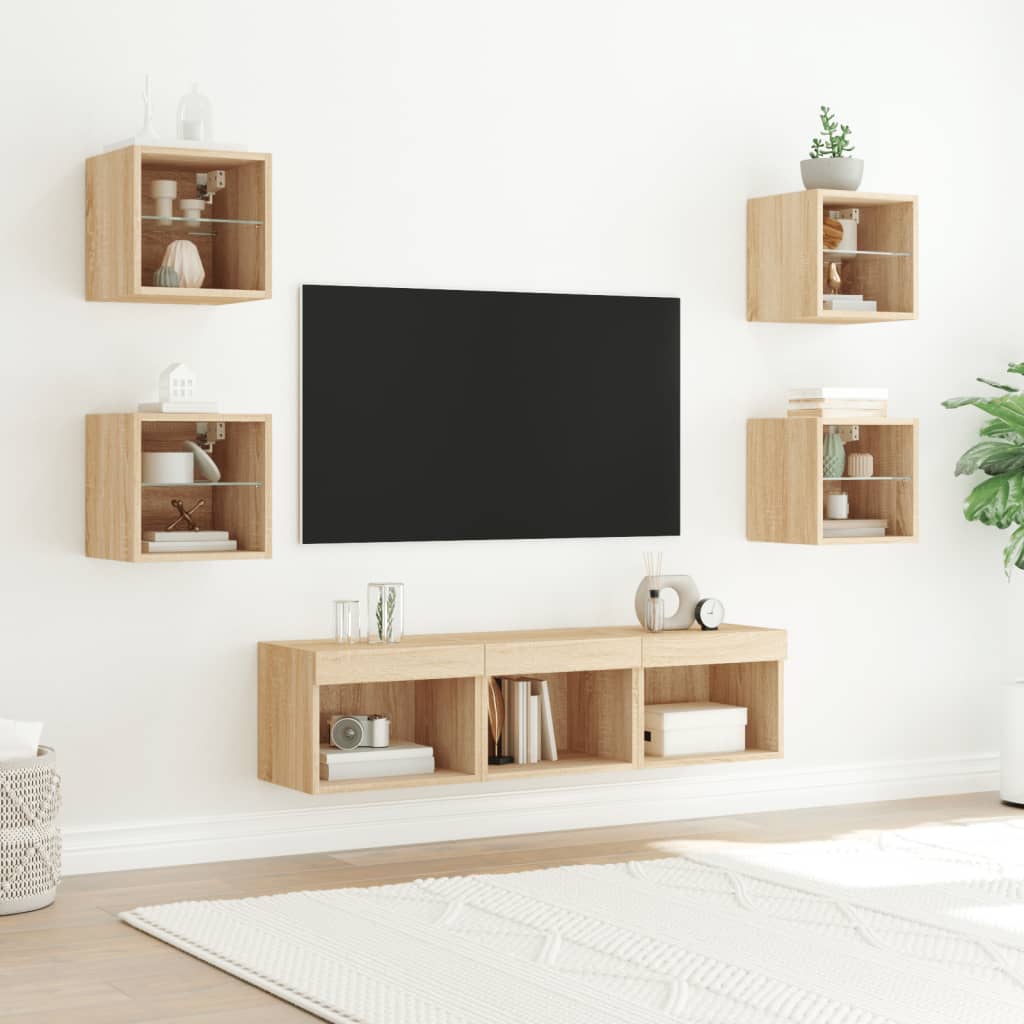 vidaXL Muebles TV pared con LED 7 pzas madera ingeniería roble Sonoma