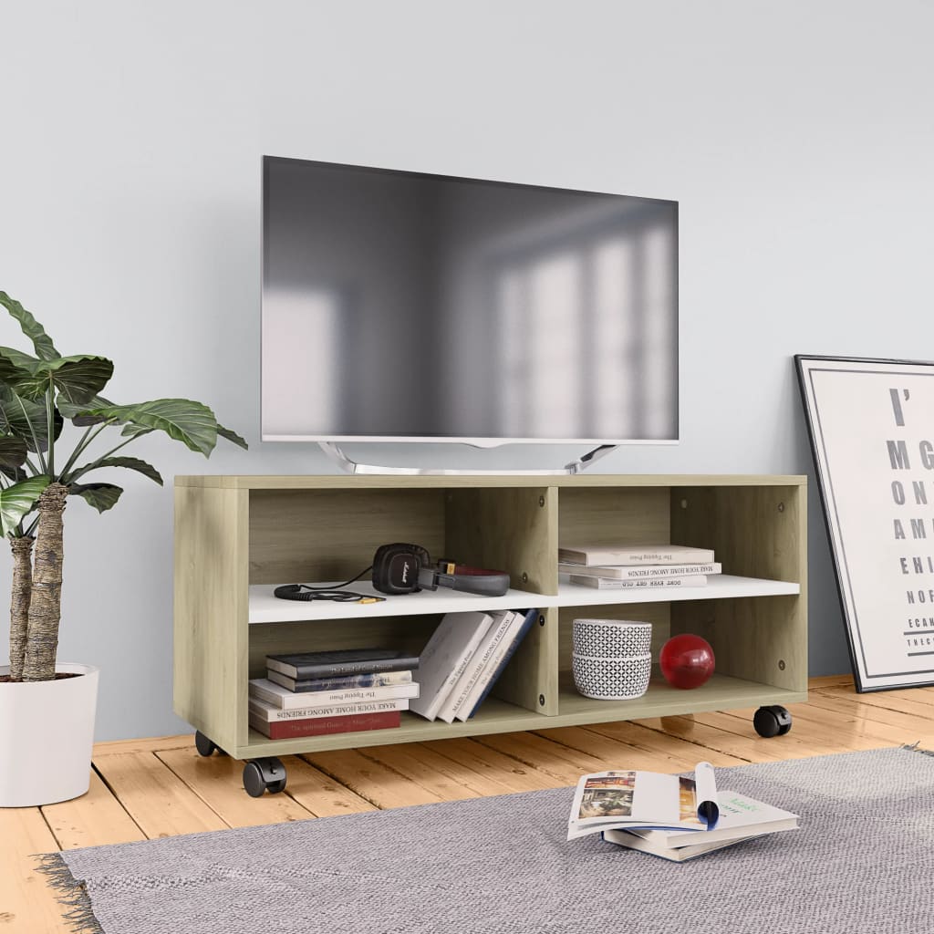 vidaXL Mueble para TV con ruedas aglomerado blanco y Sonoma 90x35x35cm