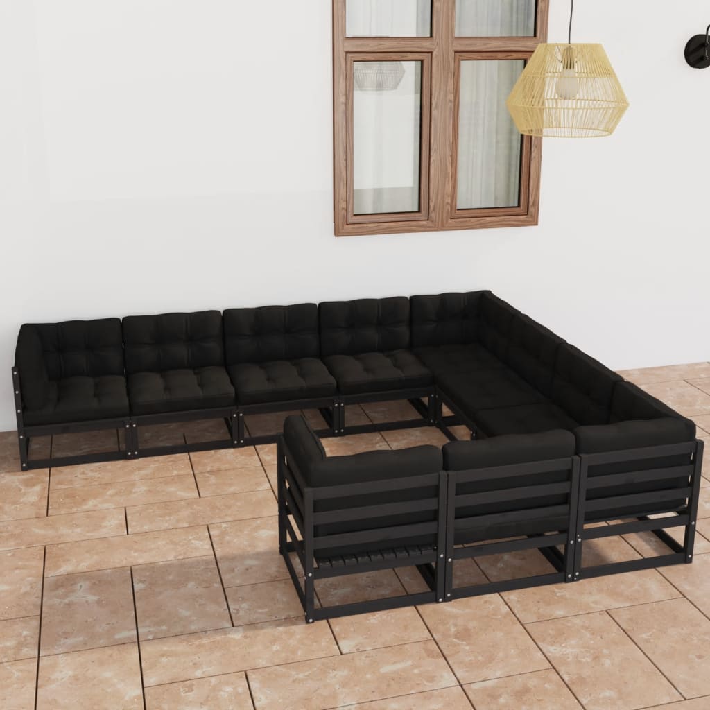vidaXL Set de muebles de jardín 10 pzas con cojines madera pino negro