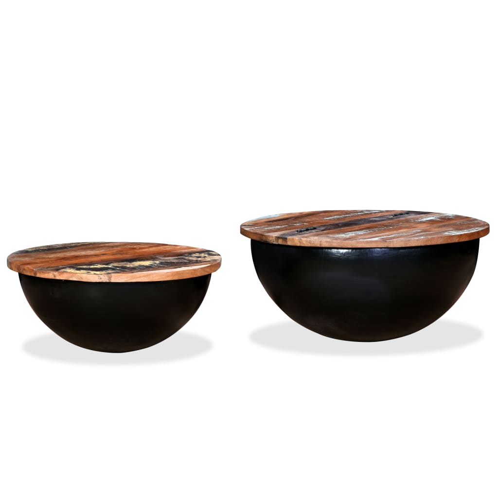 vidaXL Set de 2 mesas de centro madera reciclada negra forma de bol