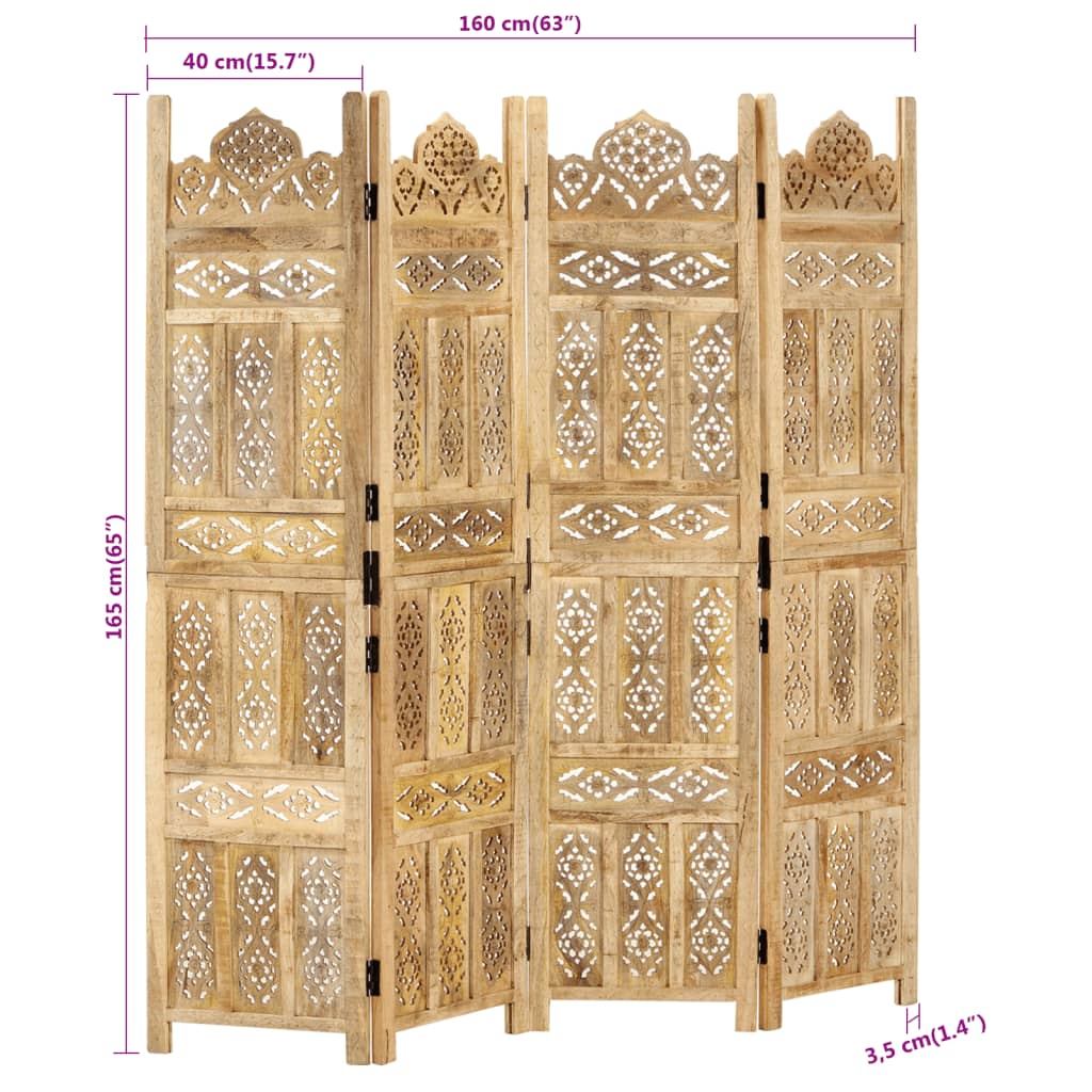 vidaXL Biombo 4 paneles tallado a mano madera maciza mango 160x165 cm