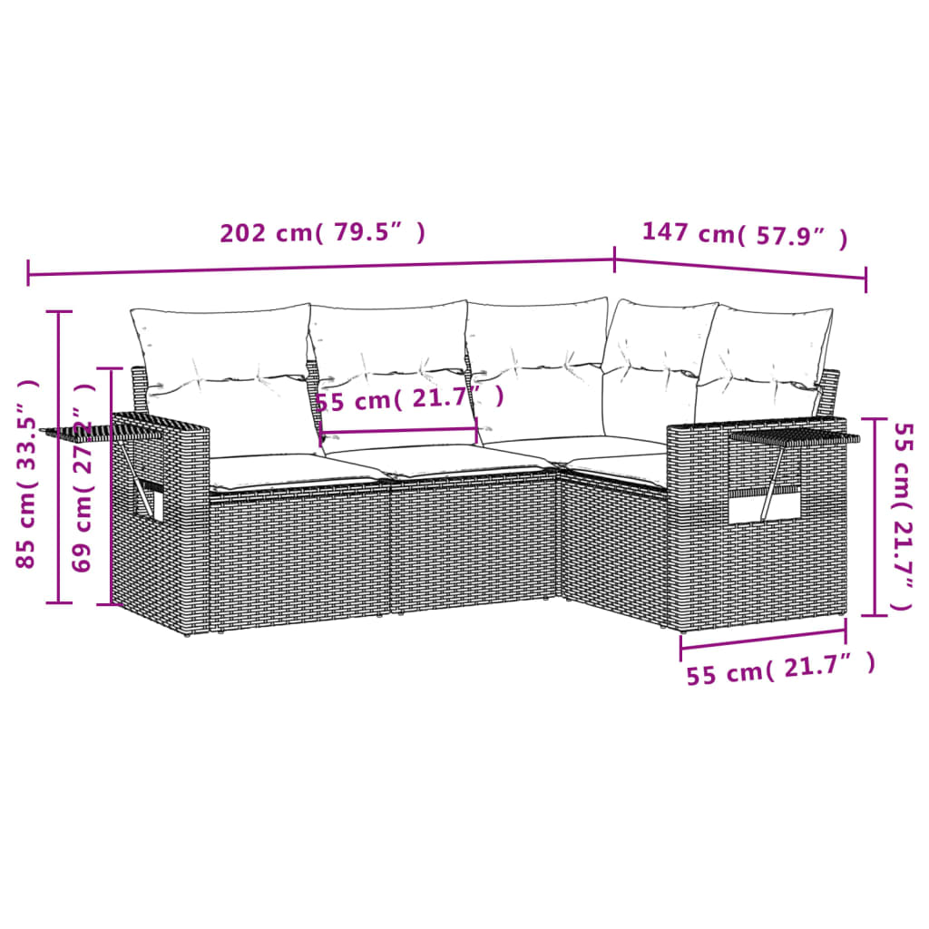 vidaXL Set de sofás de jardín 4 pzas y cojines ratán sintético gris