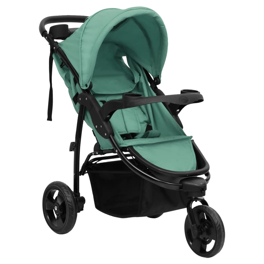 vidaXL Silla de paseo de bebé de 3 ruedas acero verde y negro