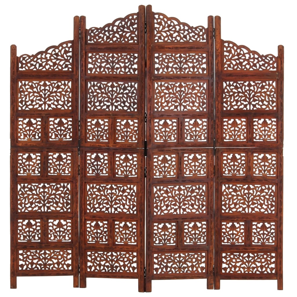 vidaXL Biombo 4 paneles tallado a mano madera mango marrón 160x165 cm
