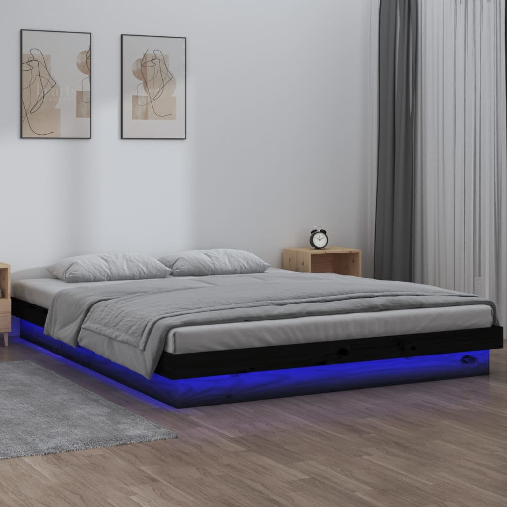 vidaXL Estructura de cama con LED madera maciza negro 135x190 cm