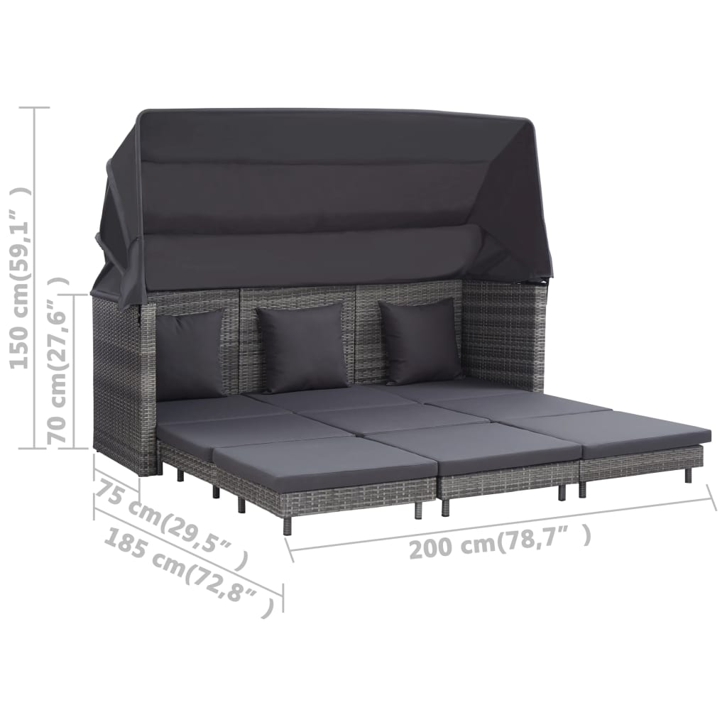 vidaXL Sofá cama extensible 3 plazas con capota ratán sintético gris
