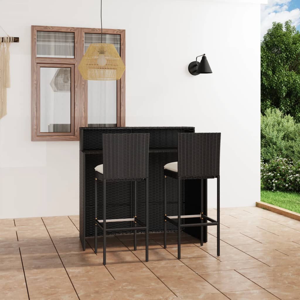 vidaXL Set muebles de bar para jardín 3 piezas y cojines negro