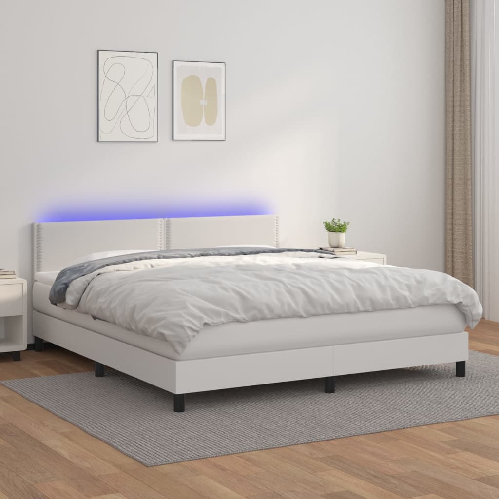 vidaXL Cama box spring colchón y LED cuero sintético blanco 160x200 cm
