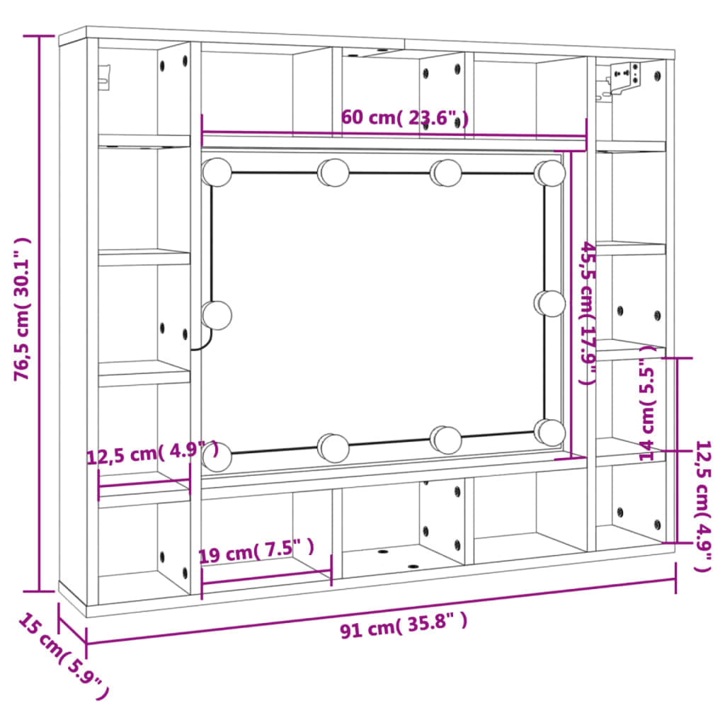 vidaXL Mueble con espejo y LED color gris hormigón 91x15x76,5 cm