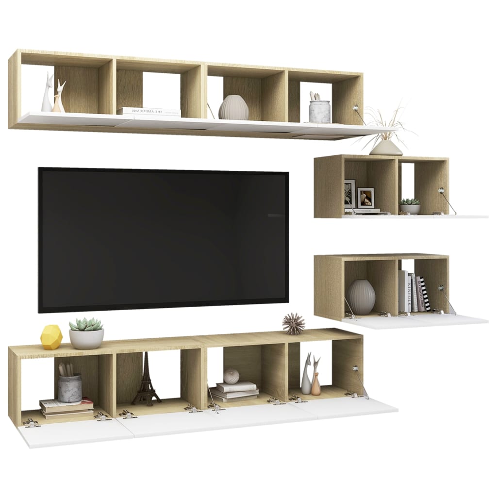 vidaXL Muebles de TV 6 pzas aglomerado blanco y roble Sonoma