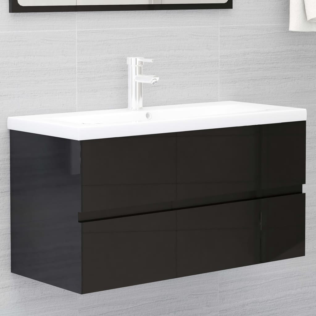 vidaXL Mueble con lavabo madera de ingeniería negro brillo
