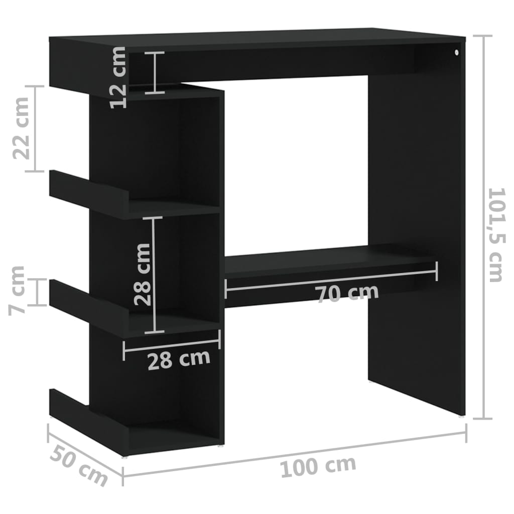 vidaXL Mesa bar estante almacenaje contrachapada negro 100x50x101,5 cm