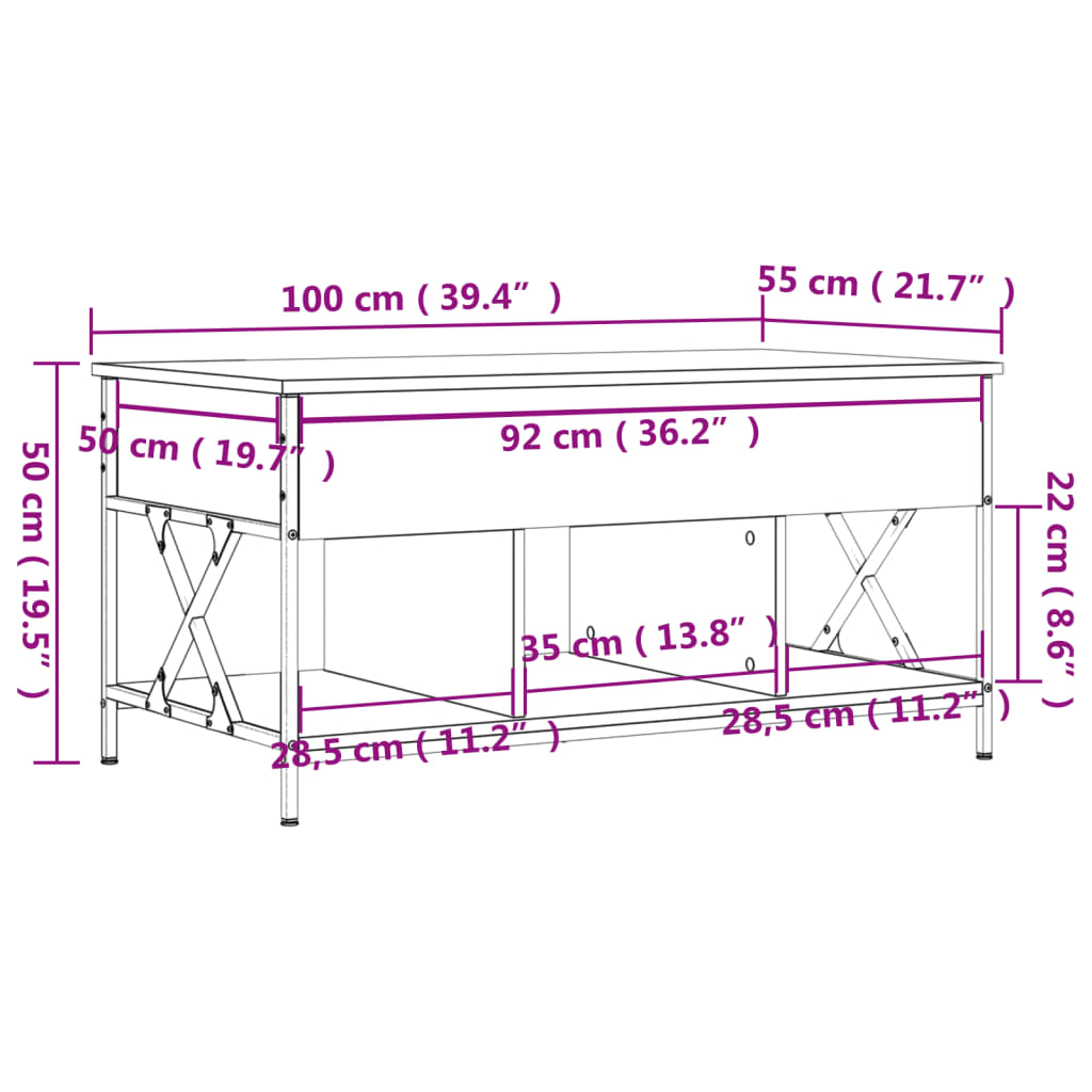 vidaXL Mesa de centro madera ingeniería metal roble Sonoma 100x55x50cm