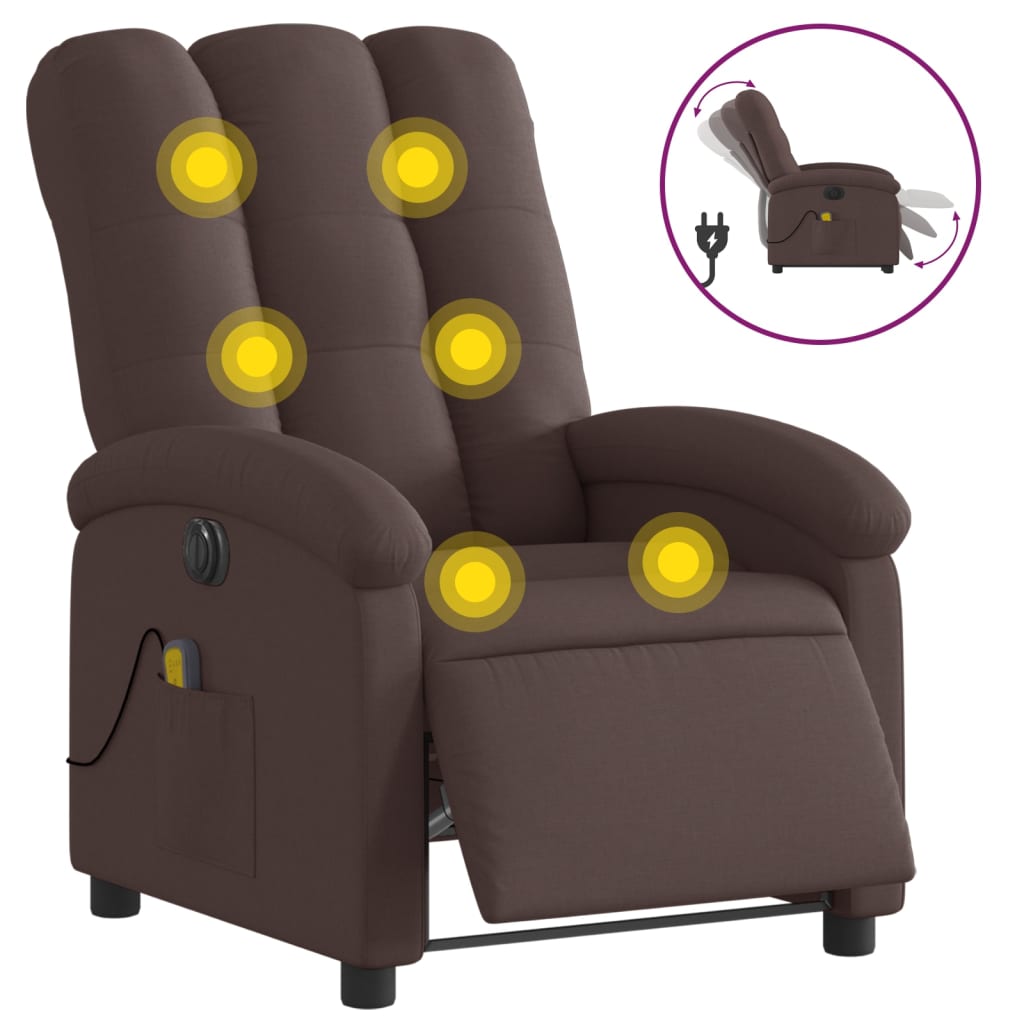 vidaXL Sillón reclinable de masaje eléctrico tela marrón oscuro