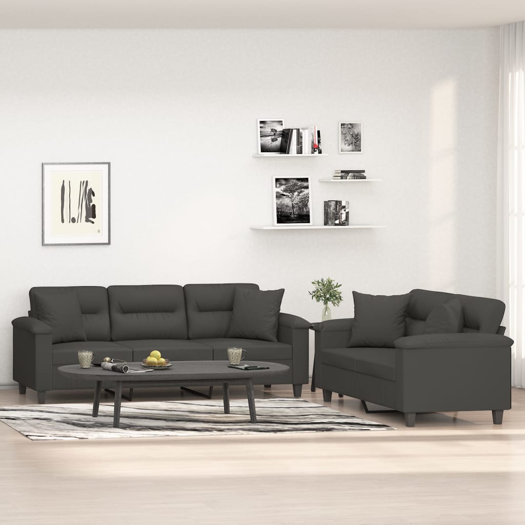 vidaXL Juego de sofás con cojines 2 piezas tela microfibra gris oscuro