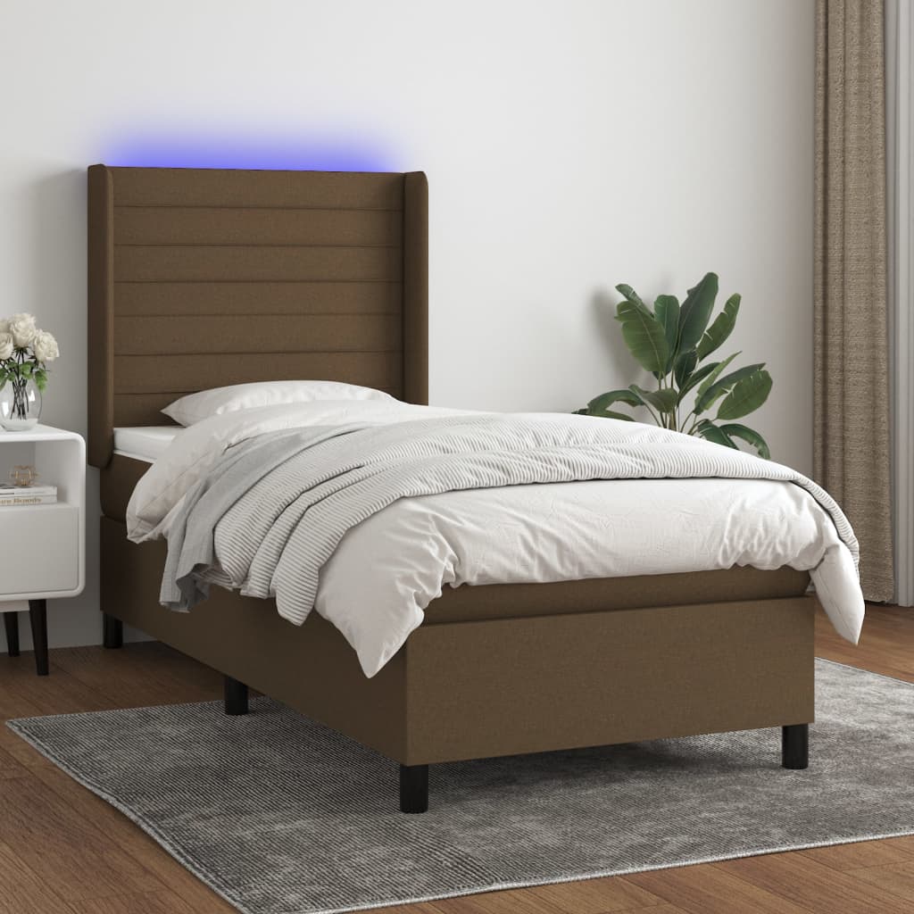 vidaXL Cama box spring colchón luces LED tela marrón oscuro 100x200cm
