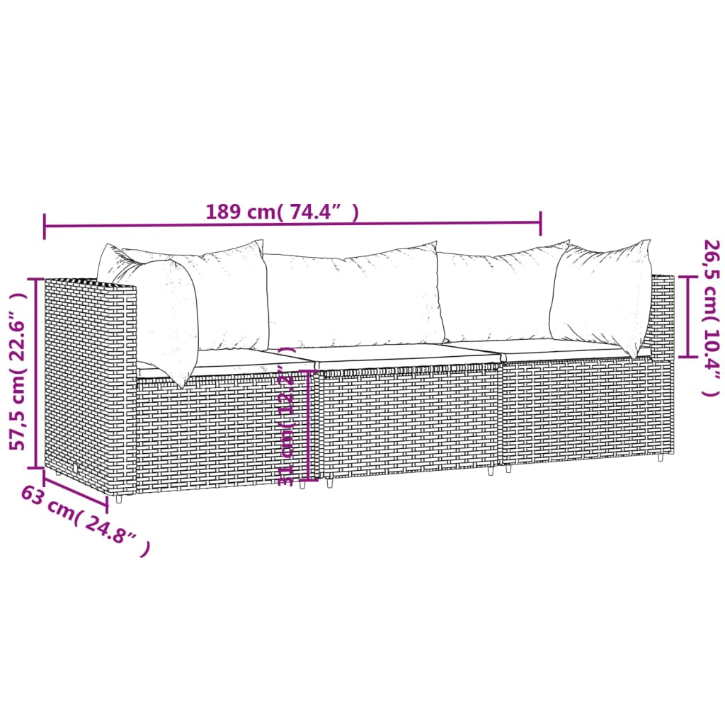 vidaXL Set de muebles de jardín 3 pzas y cojines ratán sintético gris