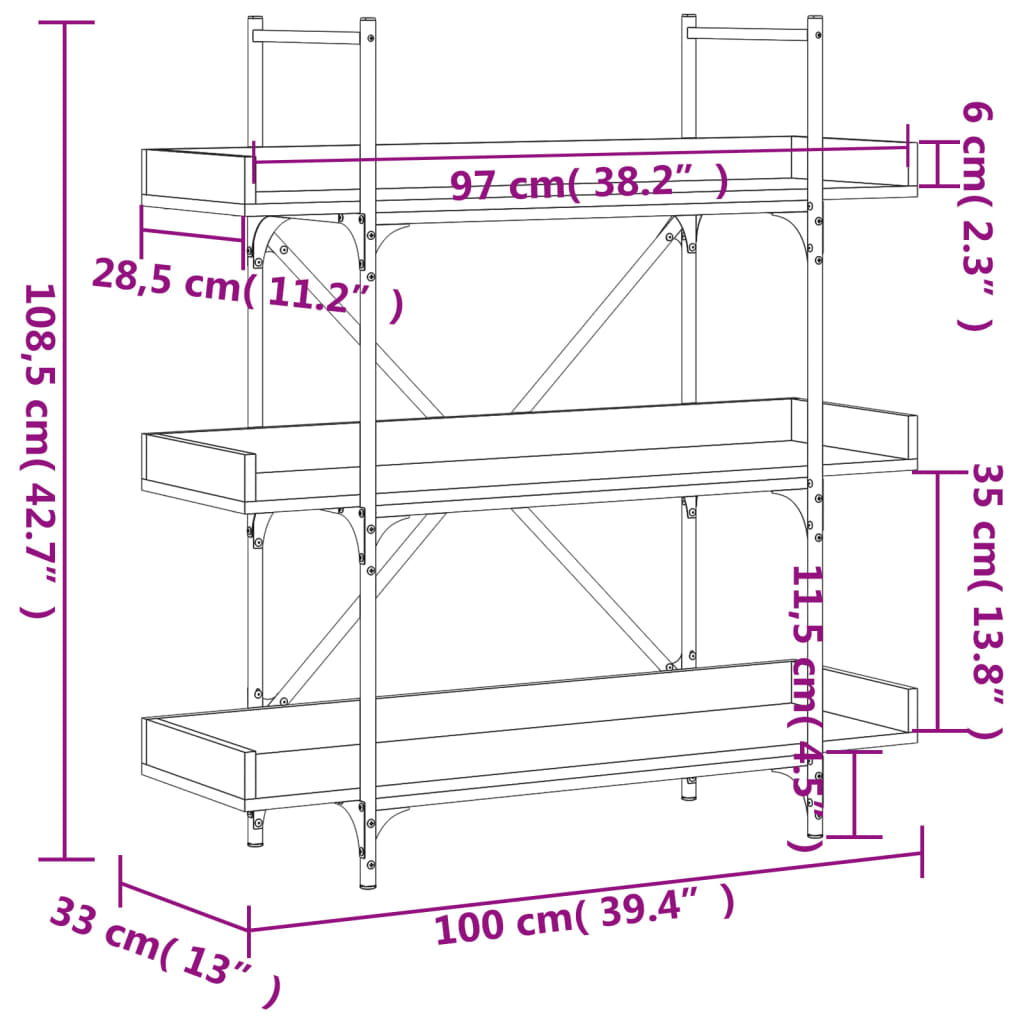 vidaXL Librería de 3 estantes madera gris Sonoma 100x33x108,5 cm