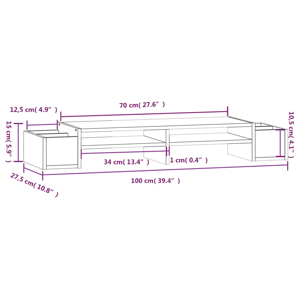 vidaXL Soporte para monitor madera maciza de pino gris 100x27,5x15 cm