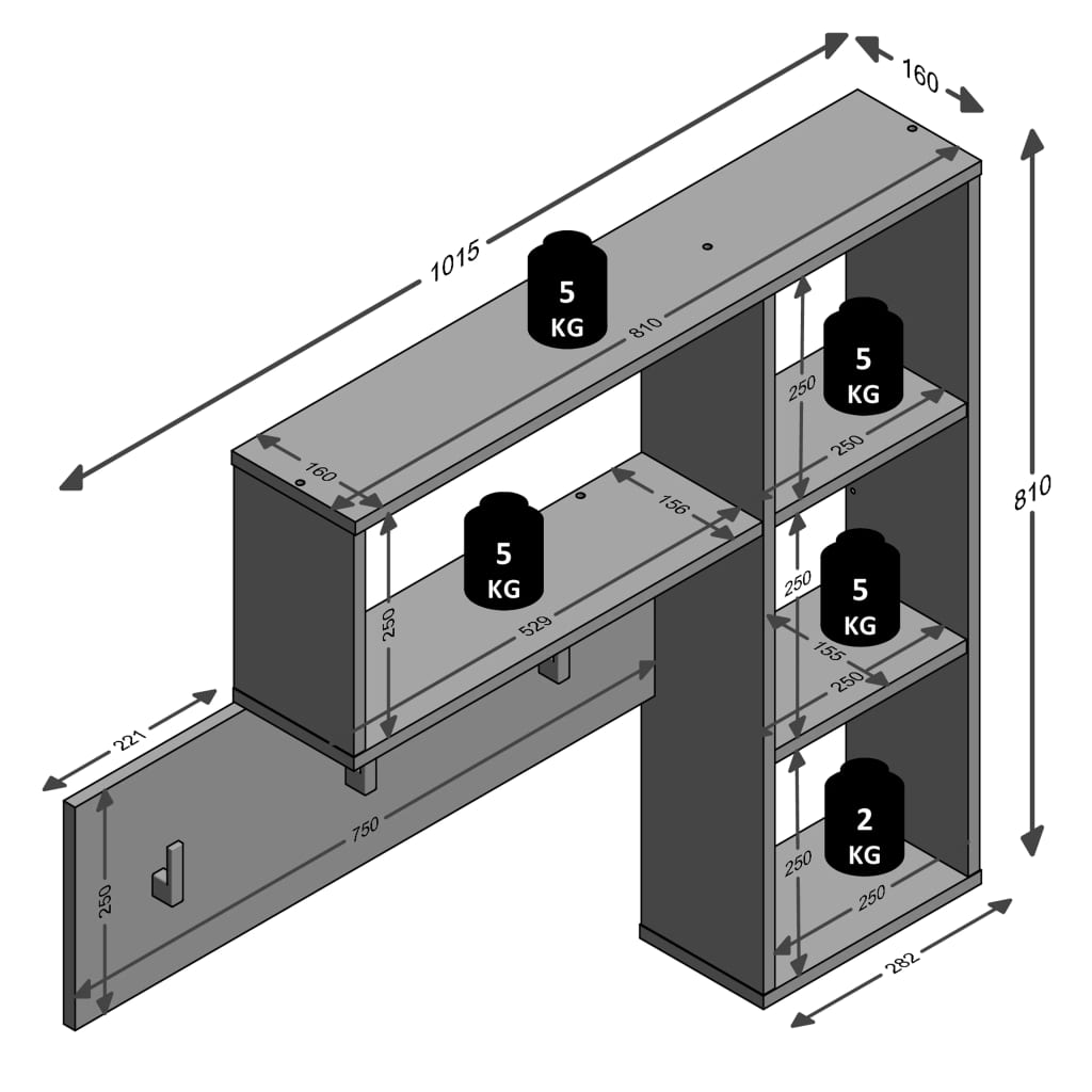 FMD Perchero de pared con 4 compartimentos abiertos gris antracita