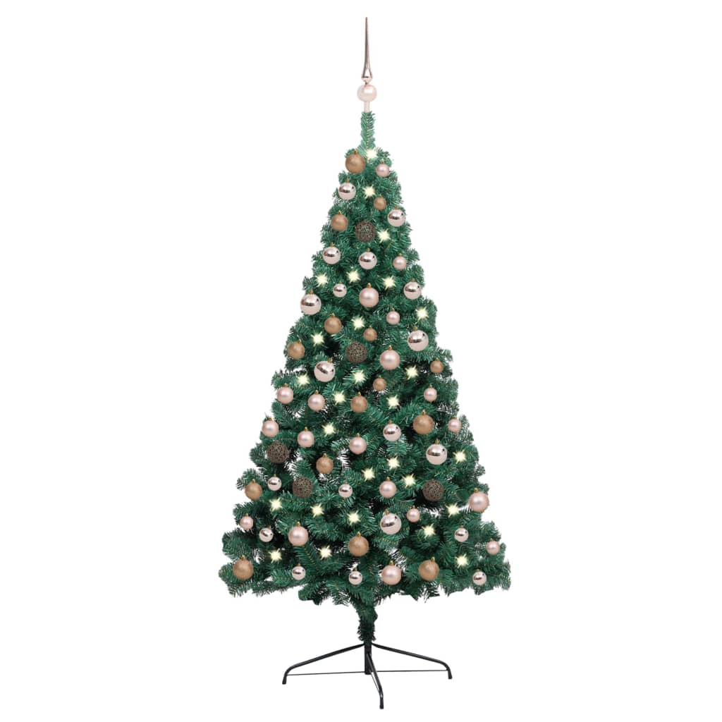 vidaXL Medio árbol de Navidad con luces y bolas verde 150 cm
