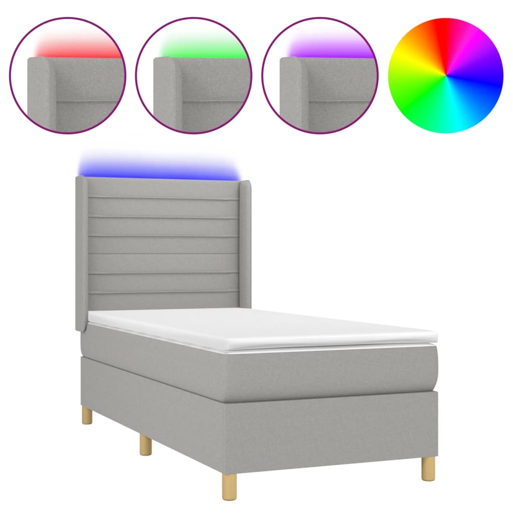 vidaXL Cama box spring colchón y luces LED tela gris claro 90x190 cm