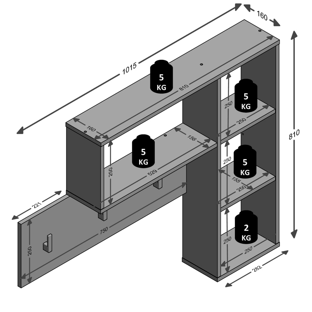 FMD Perchero de pared 4 compartimentos abiertos gris antracita y roble