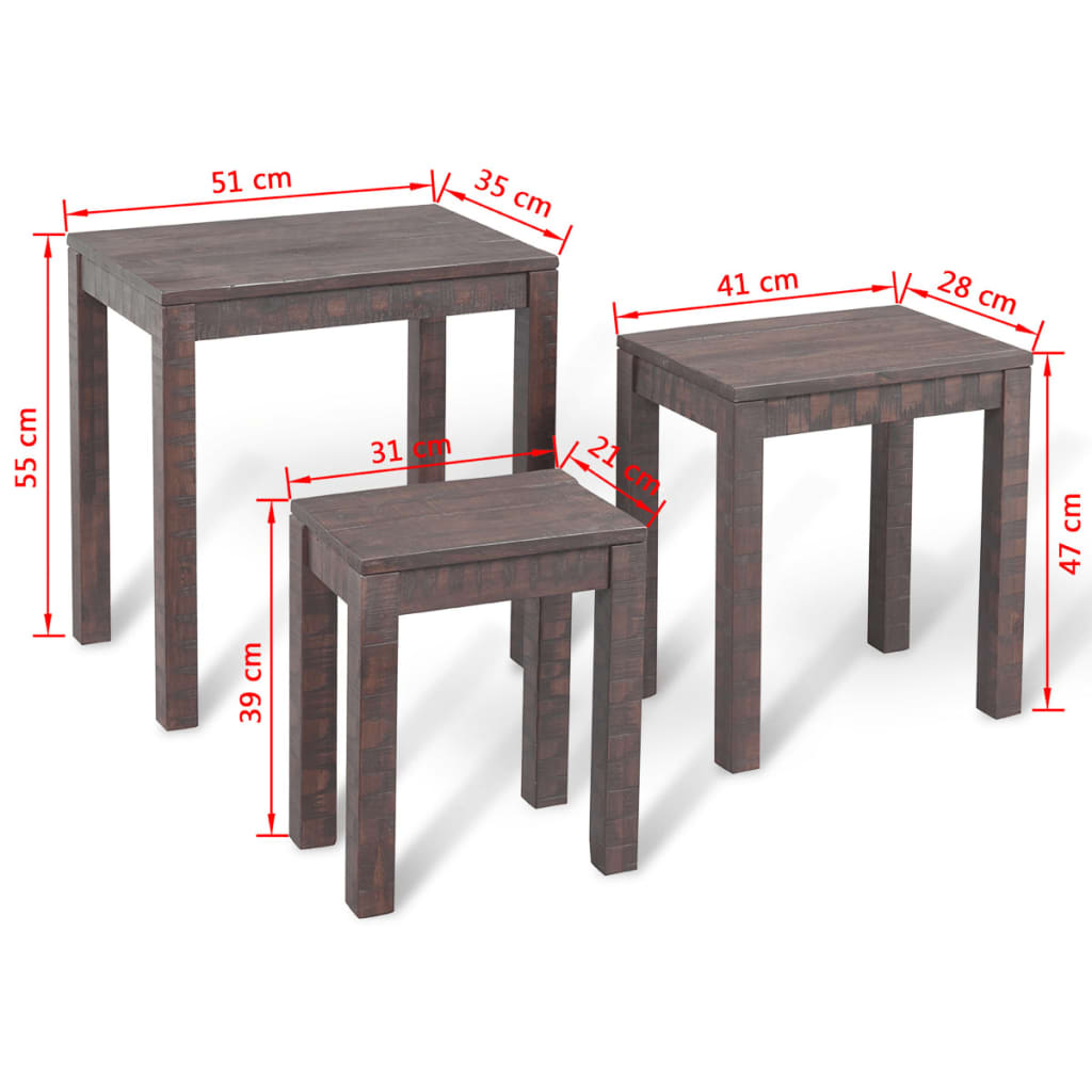 vidaXL Conjunto de 3 mesas auxiliares madera maciza acacia ahumado