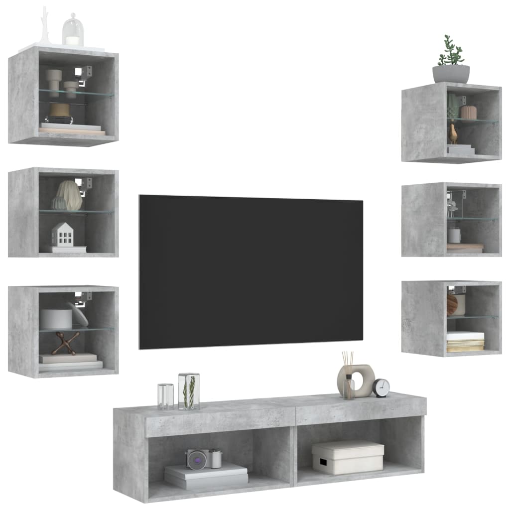 vidaXL Muebles TV pared con LED 8 pzas madera ingeniería gris hormigón