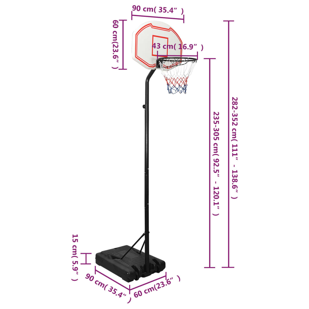 vidaXL Canasta de baloncesto polietileno blanco 282-352 cm