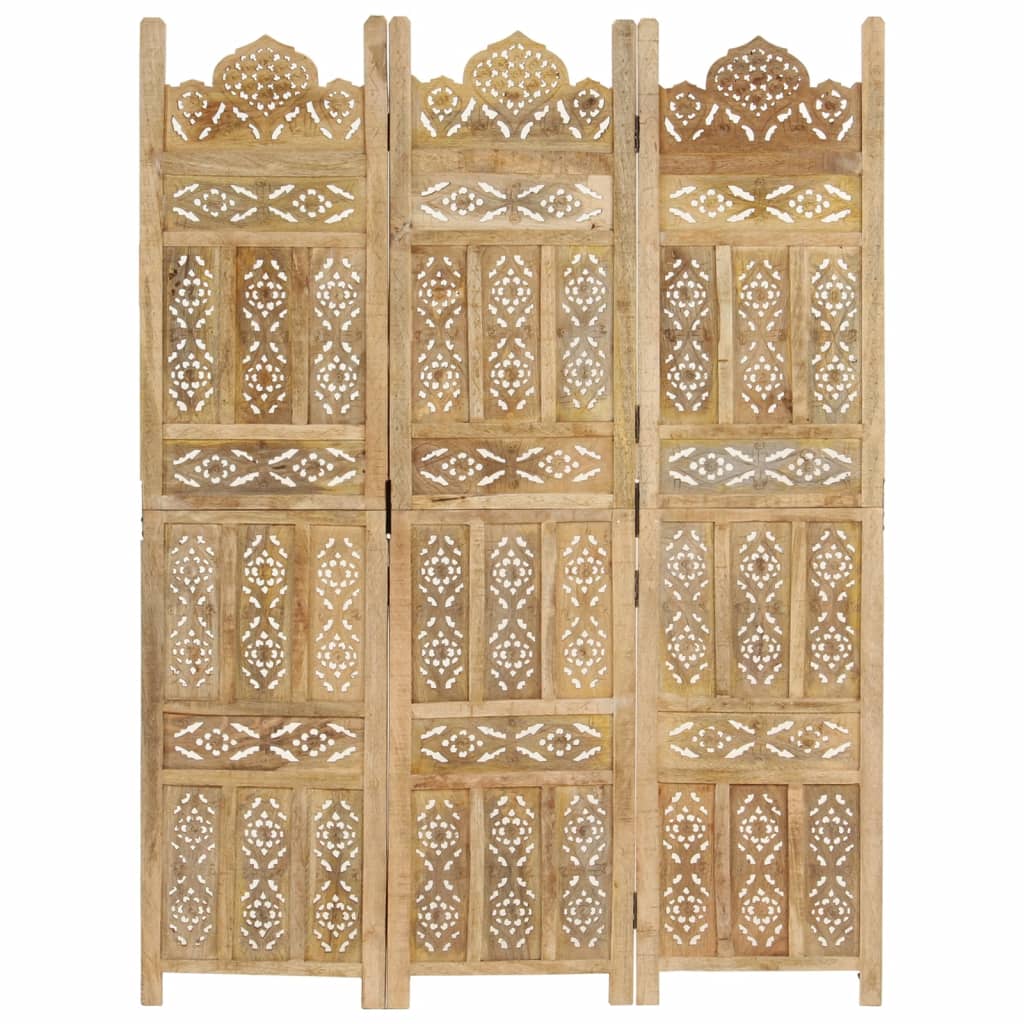 vidaXL Biombo de 3 paneles tallado a mano madera de mango 120x165 cm