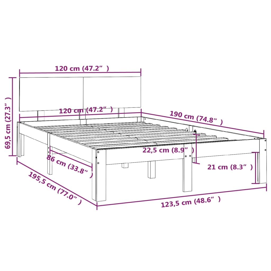 vidaXL Estructura de cama doble pequeña madera maciza gris 120x190 cm