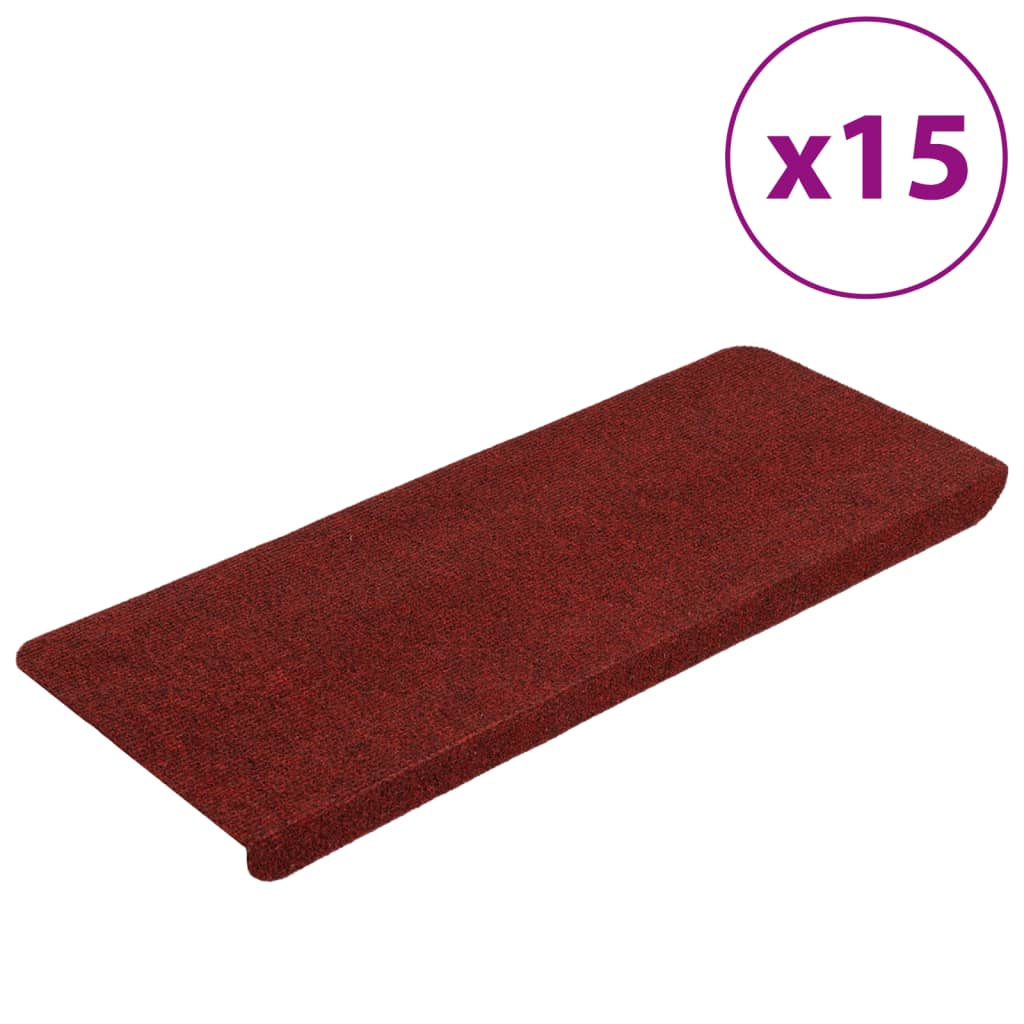 vidaXL Alfombrilla autoadhesiva de escalera 15 uds rojo 65x24,5x3,5 cm