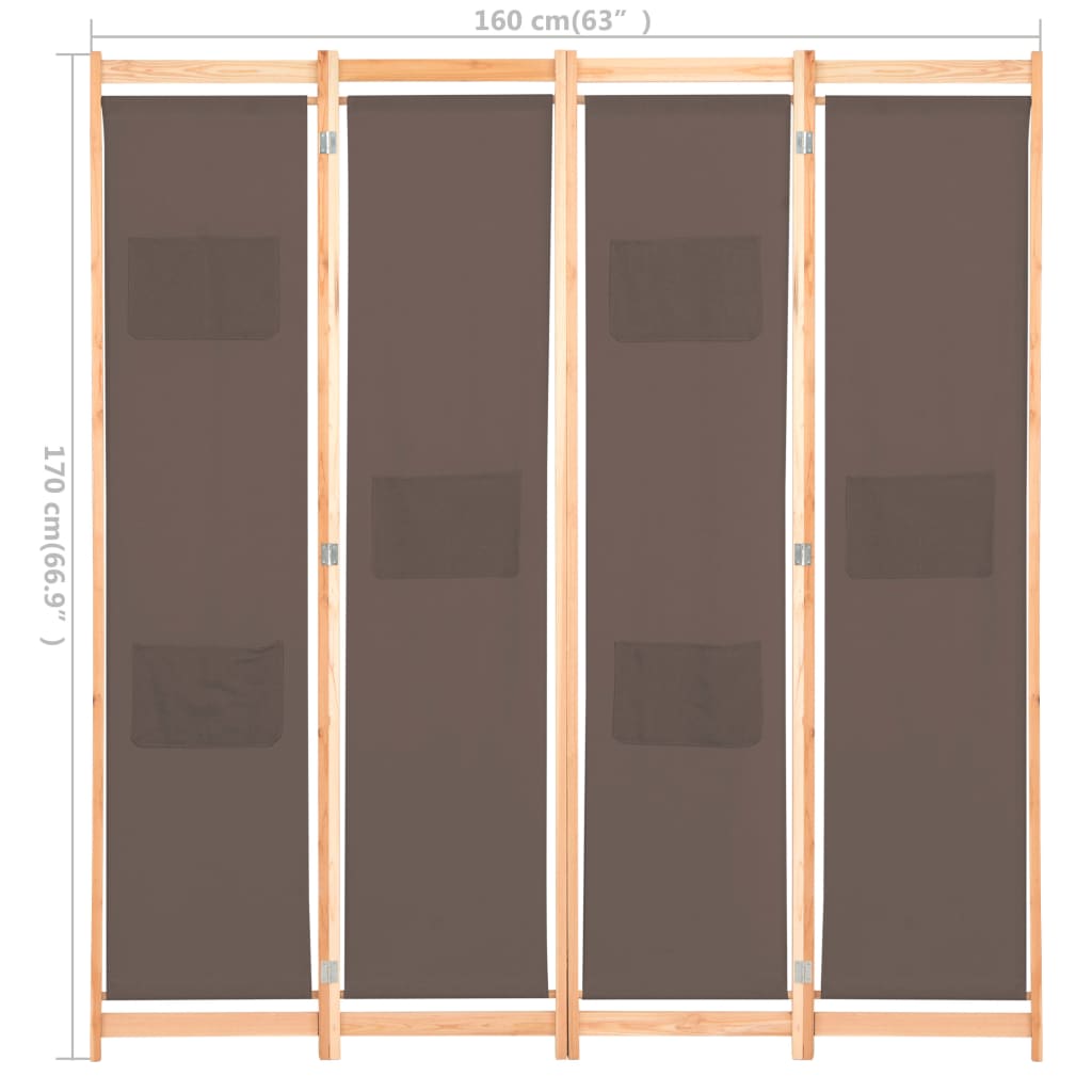 vidaXL Biombo divisor de 4 paneles de tela marrón 160x170x4 cm