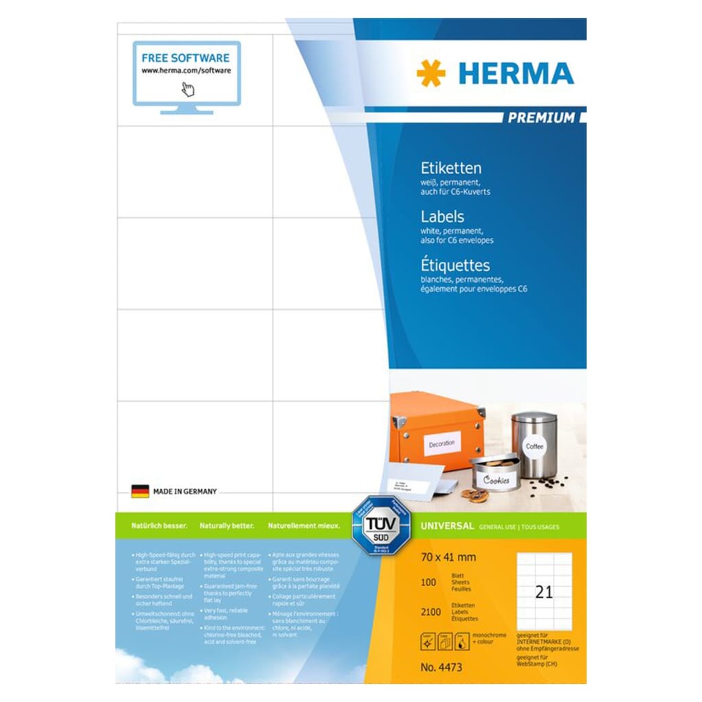 HERMA Etiquetas permanentes PREMIUM 100 hojas A4 70x41 mm