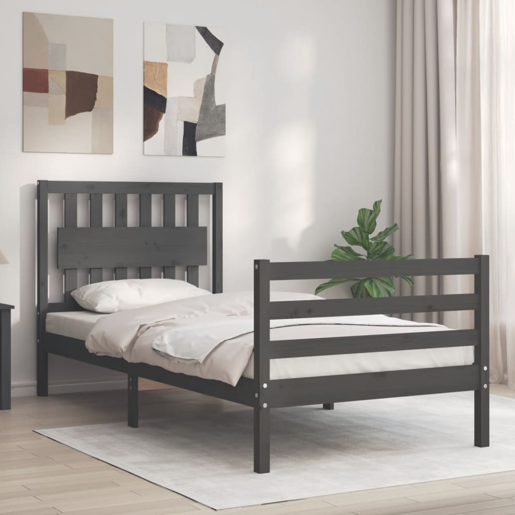 vidaXL Estructura de cama con cabecero madera maciza gris 90x200 cm