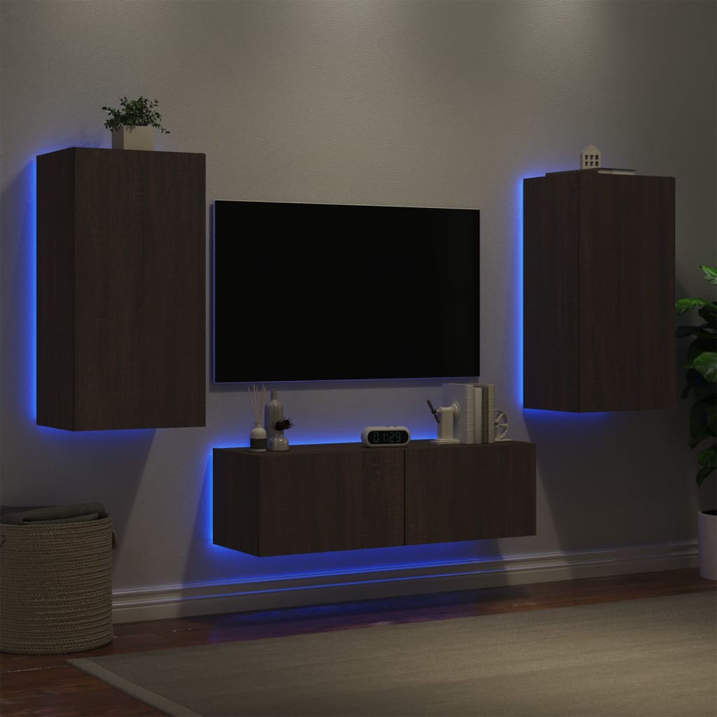 vidaXL Muebles de TV de pared con luces LED 3 piezas marrón roble