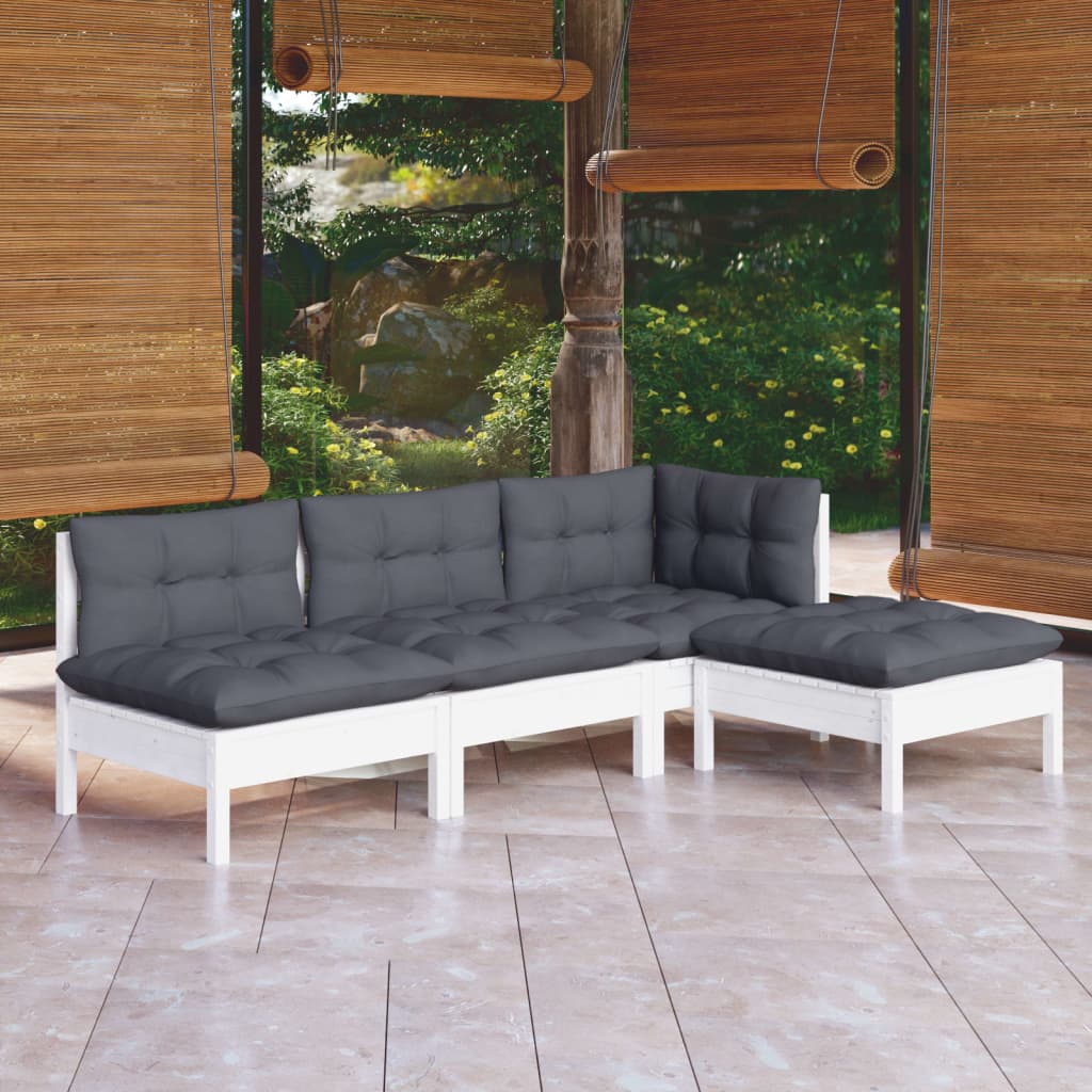 vidaXL Muebles de jardín 4 pzas con cojines blanco madera de pino