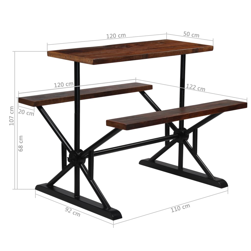 vidaXL Mesa de bar y bancos de madera maciza de acacia 120x50x107 cm