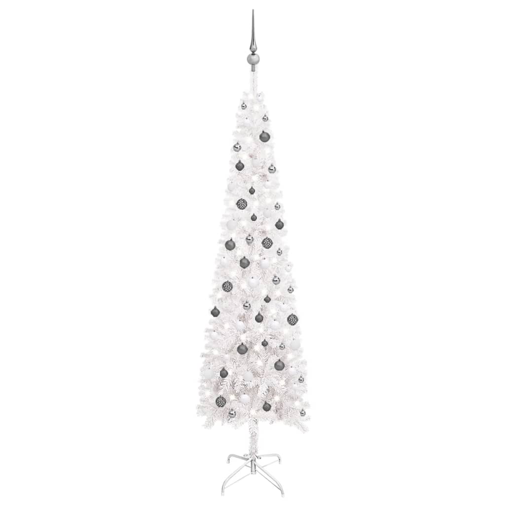 vidaXL Árbol de Navidad delgado con luces y bolas blanco 240 cm