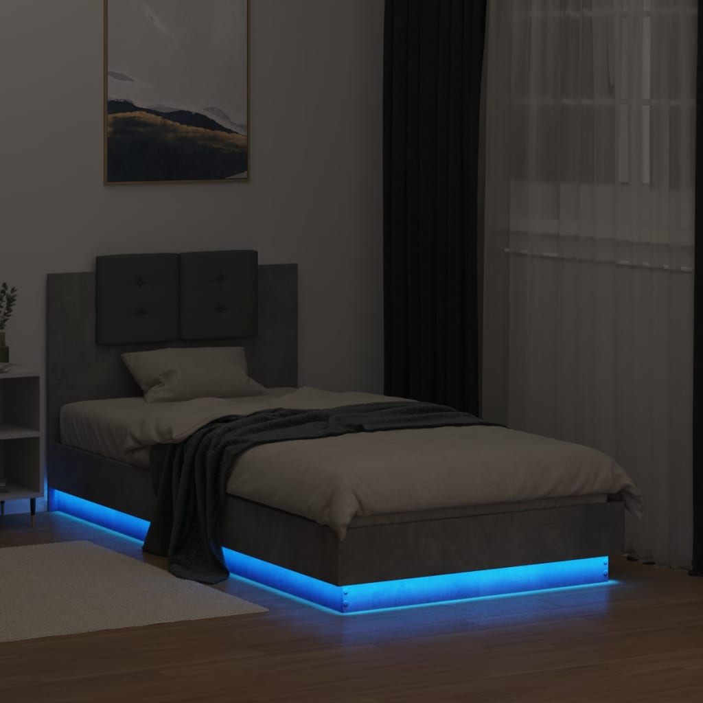 vidaXL Estructura de cama cabecero luces LED gris hormigón 75x190 cm