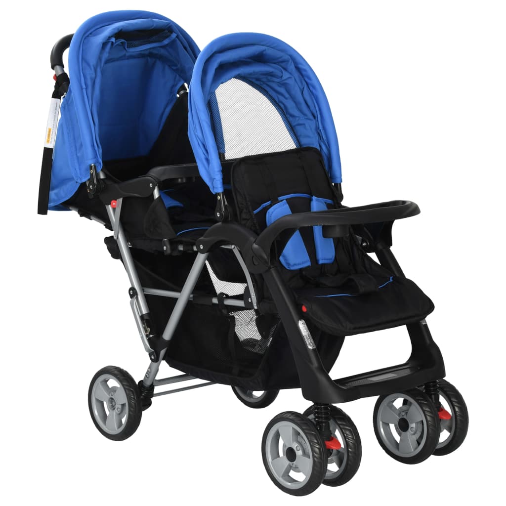 vidaXL Carrito para dos bebés tandem azul y negro de acero