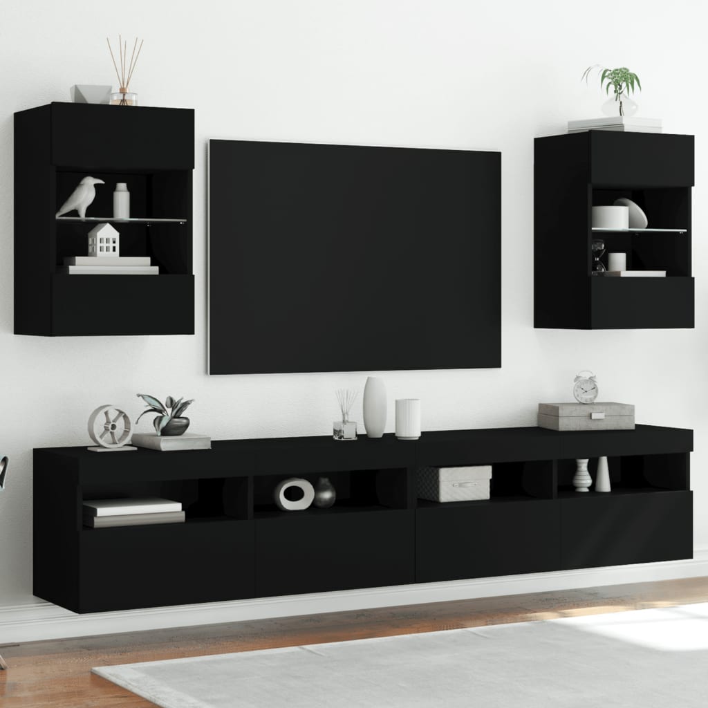 vidaXL Muebles de TV de pared con luces LED 2 uds negro 40x30x60,5 cm
