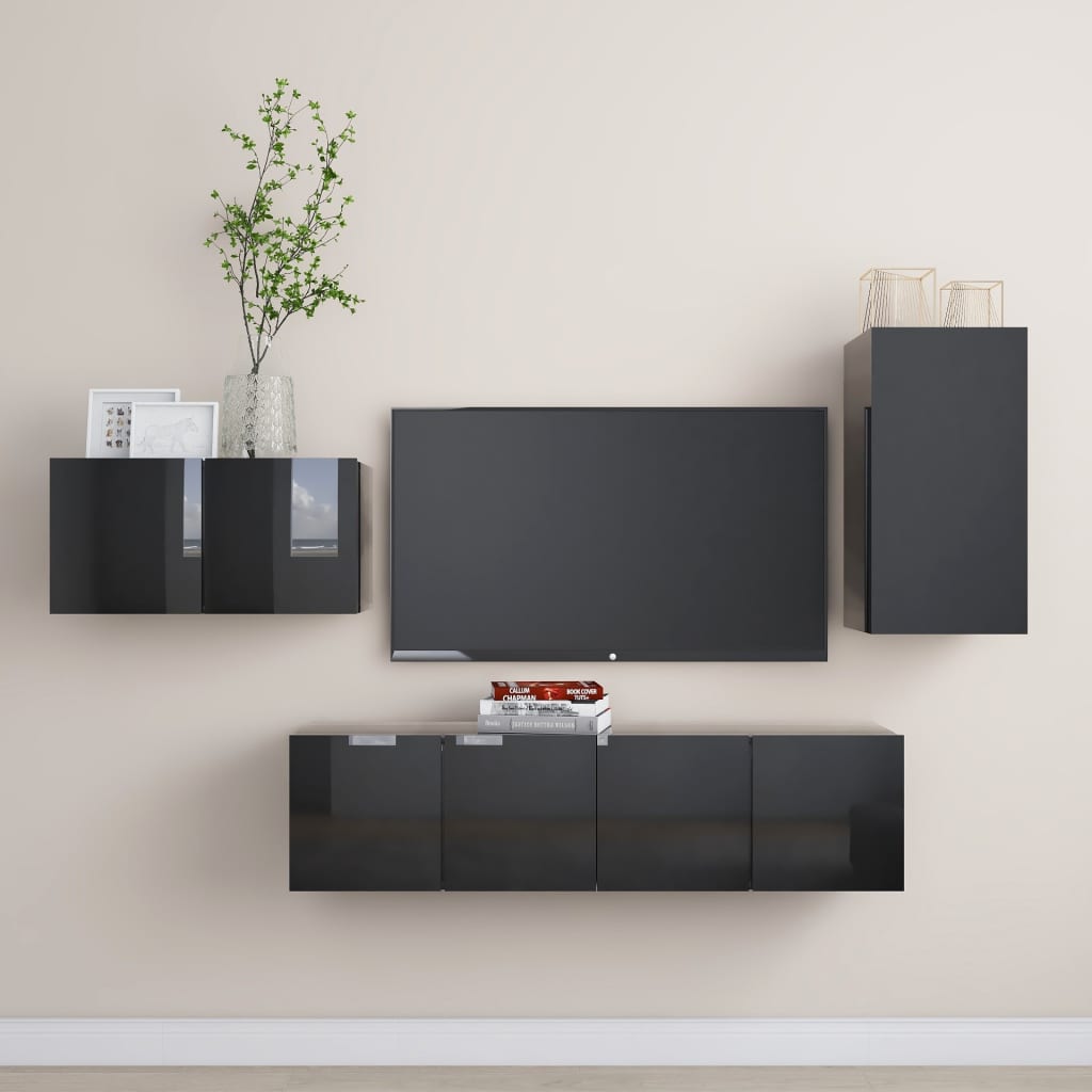 vidaXL Juego de mueble para TV de 4 piezas aglomerado negro brillante